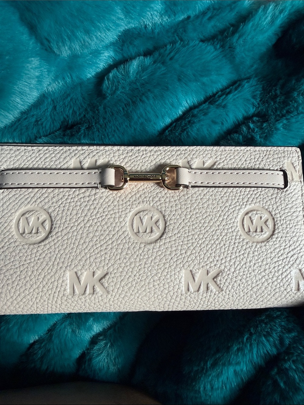 Michael Kors Pale Pink Embossed MK Leather Clutch with Gold Hardware